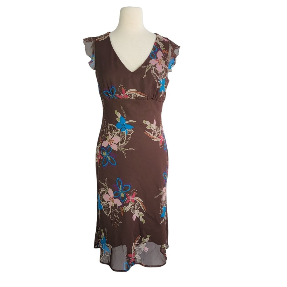 Vintage Y2K Chocolate Brown Floral Fairy Grunge Empire Waist Midi Dress 12 Vneck